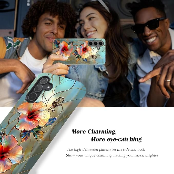 Compatible for Samsung Galaxy A16 5G Case, Dual Layer Heavy Duty 2 in 1 Shockproof Protective Phone Case,Stained Glass Floral Hibiscus