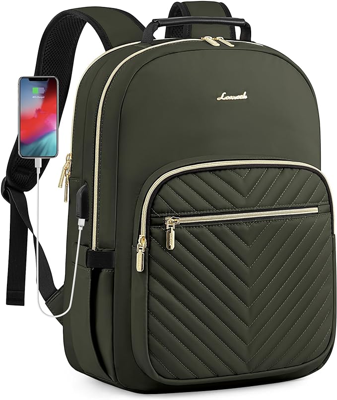 LOVEVOOK Laptop Backpack for Women, Travel Computer Work Bags with 17-inch Laptop Compartment, College School Student Bag Teen Backpacks For Girls, Outdoor Carry On Backpack Purse, Army Green