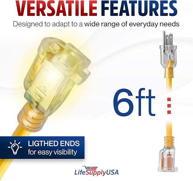 6ft Outdoor/Indoor Extension Cord 12/3 Gauge Extra Heavy Duty 3 Prong SJTW, Waterproof, Flexible Cold-Resistant Long Power Cord,15A 125V 1875W, Yellow by LifeSupplyUSA