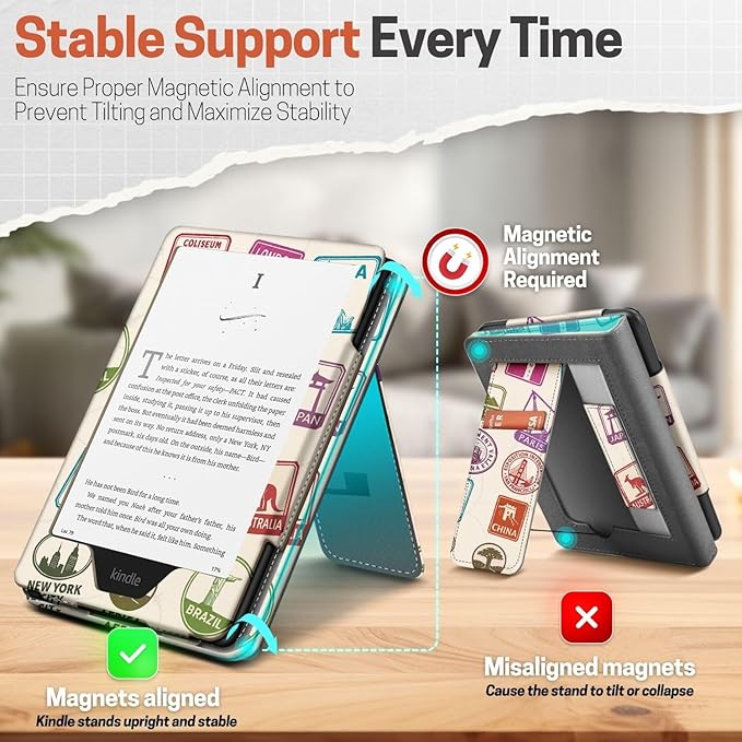TNP Stand Case for Kindle Paperwhite 12th Generation 2024 / Kindle Colorsoft Signature Edition with Hand Strap & Card Slot - 7" PU Leather Protective Folio Cover with Auto Wake/Sleep, World Stamp