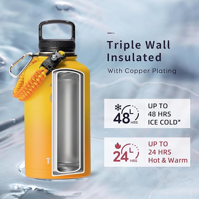 Trebo Insulated Water Bottle 64 oz, Half Gallon Metal Vacuum Water Jug with Paracord Handle and 3 Lids, Leakproof BPA-Free Water Flask for Gym Sports Hiking Travel, Keep Cold 48 Hours, Orange