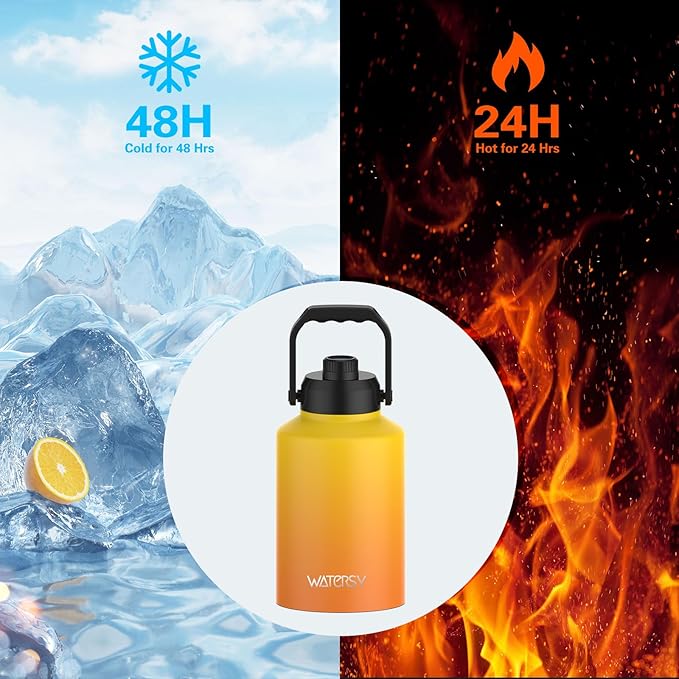 WATERSY 1 Gallon Water Bottle Insulated(Cold for 48 Hrs),BPA Free&Leak Proof,128oz Stainless Steel Water Jug,Big thermo,Large Water Bottle with Handle for Gym,Hiking,Camping&Travel,Gradual Yellow