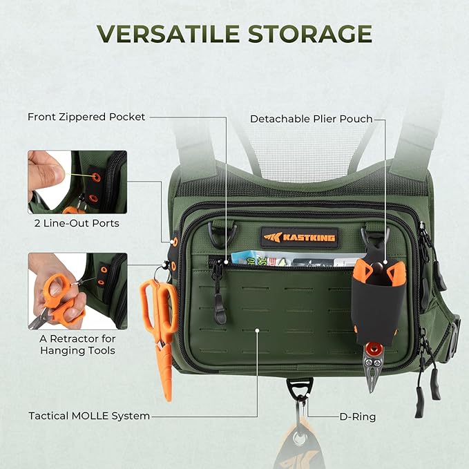 KastKing Bait Boss Water-Resistant Fishing Chest Pack With EVA Zip-Down Workstation, MOLLE Storage, Adjustable Chest Straps