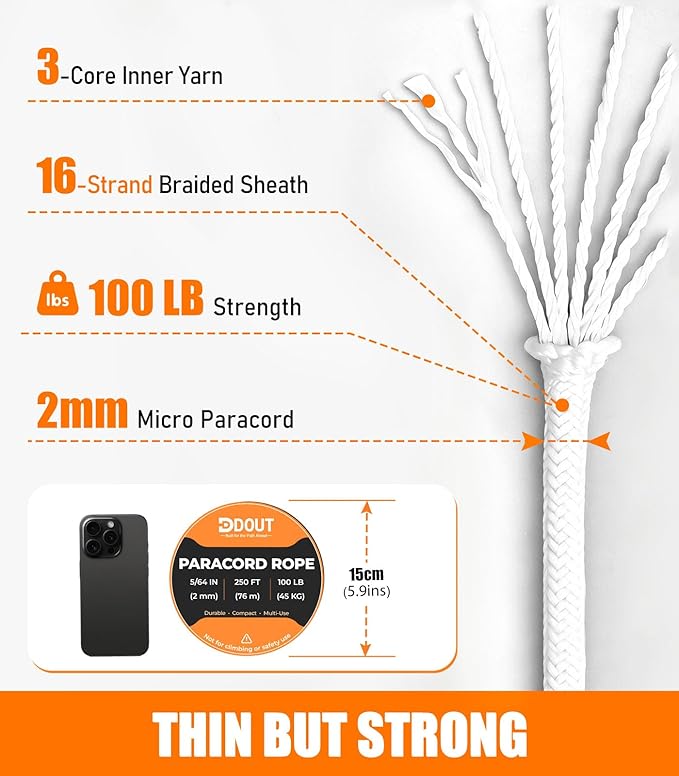 DDOUT 2mm Paracord 100lb, Thin Micro Paracord Rope, White 250FT Nylon Cord for Crafting, DIY Projects, Fishing, Camping & Outdoor