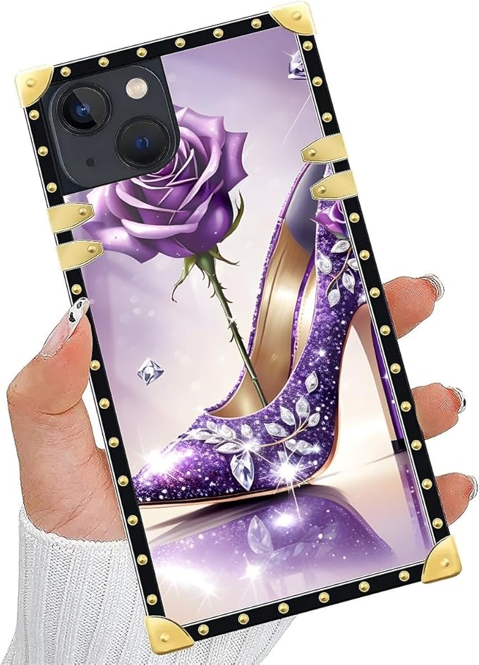 Compatible with iPhone 14 Case, High Heeled Purple Diamond Rose Luxury Golden Decoration for Girl Women Soft TPU Shockproof Protective Hard PC Back for iPhone 14