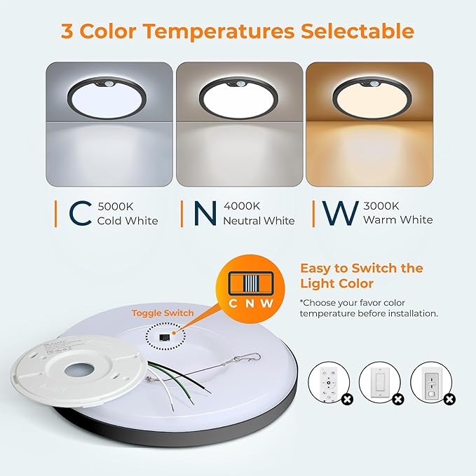 BLNAN Motion Sensor Ceiling Light Wired, 8.7 Inch 3000K 4000K 5000K Selectable Motion Activated LED Flush Mount Light Fixture with Timer for Walk-in Closet Laundry Hallway Stair, Black Frame