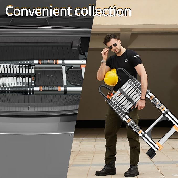 Telescoping Ladder,with Stable Hook and stabilizer barand,Extension Ladder, Heavy Duty 330lbs Max Capacity, Multi-Purpose Collapsible Ladder for RV or Outdoor Work(14.5FT/4.4M)