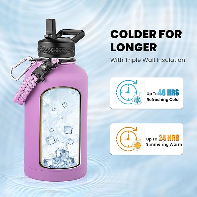 RAYMYLO Insulated Water Bottle 64 oz, Triple Wall Vacuum Stainless Steel (Cold for 48 Hrs), Leak Proof & Non-BPA, Half Gallon Water Flask Jug with Paracord Handle & Straw Spout Lids, Lilac