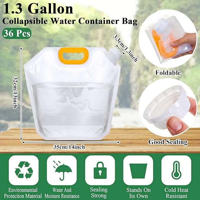 Tessco for you 36 Pcs 1.3 Gallon Collapsible Water Storage Bag Water Container Emergency Jug Plastic Storage Pouch Freezable Carrier Tank Foldable Bottle for Outdoor Sport Camping (Clear)