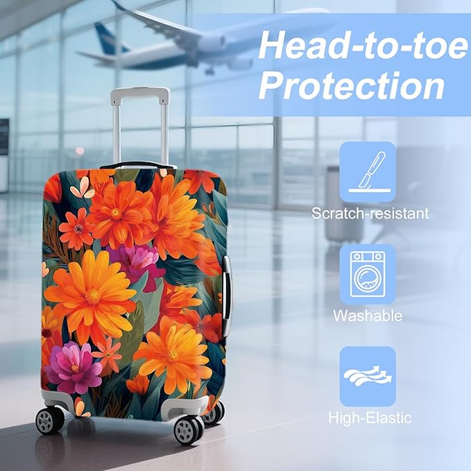 ANNA QUEEN Boho Floral Luggage Cover,Spring Orange Flower Pattern Suitcase Protector,Stretchable,Washable & Water Resistant, Universal Fit for 32-34 Inch Checked Baggage