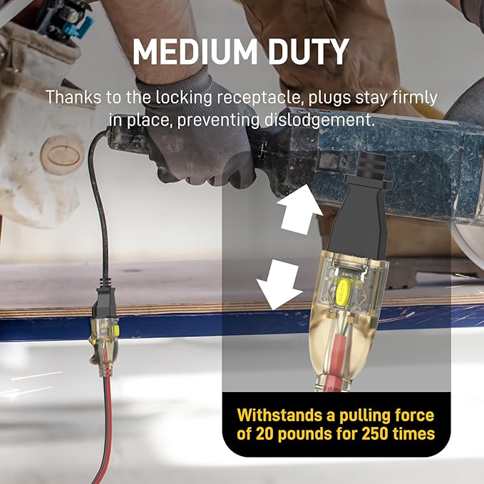 25FT 14/3 Gauge Medium Duty Outdoor Extension Cord Waterproof with Locking LED Lighted Plugs, SJEOW All-Weather Jacket (-50°C to 105°C), 15amp 1875W, 3 Prong, ETL Certified