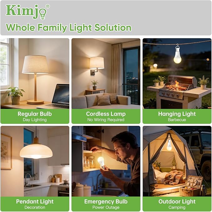 Kimjo Rechargeable Light Bulbs with Remote, Keep Lighting During Power Outage, 2600mAh Emergency Battery Operated Light Bulb with 3 Colors, Dimmable for Home, Camping, Tent (E26, with Hook),1 Pack
