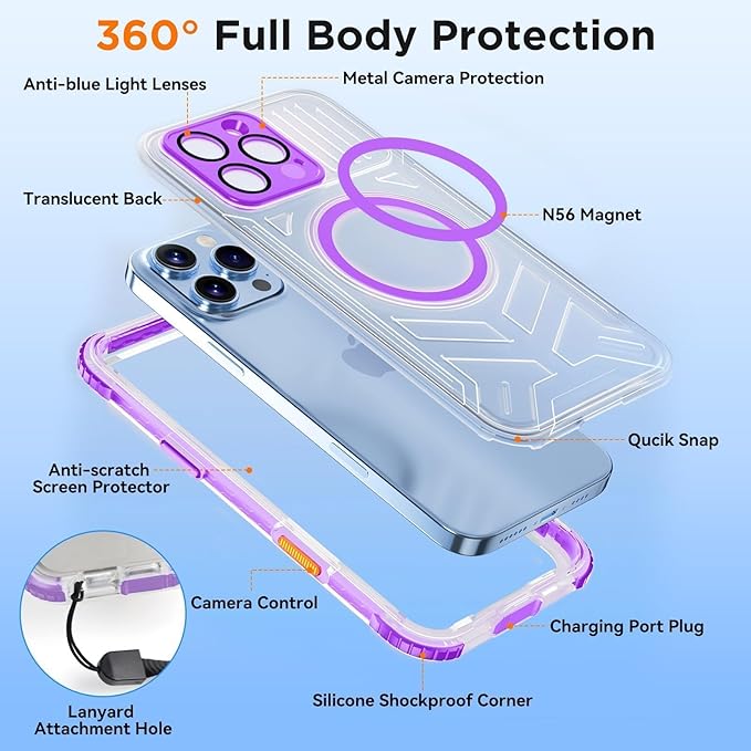WIFORT for iPhone 16 Pro Max Waterproof Case, [IP68 Underwater] [Blue Light Filter Lens] [15FT Military Shockproof], Fit for Magsafe Full Body Magnetic Frosted Phone Case with Lanyard, 6.9" Purple