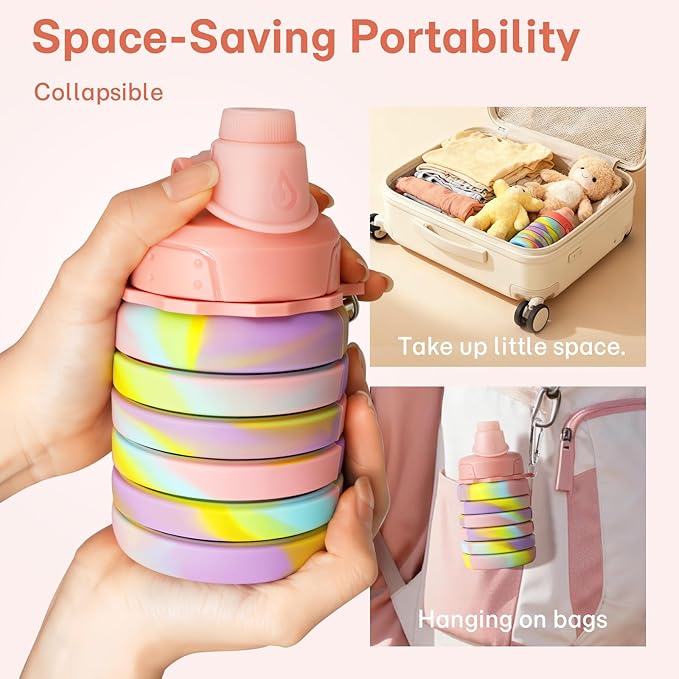 Collapsible Water Bottles for Travel, Foldable Sports Water Bottle for Kids, Reusable Water-proof Silicone Water Bottles with mountaineering Buckle for Camping Hiking Holiday