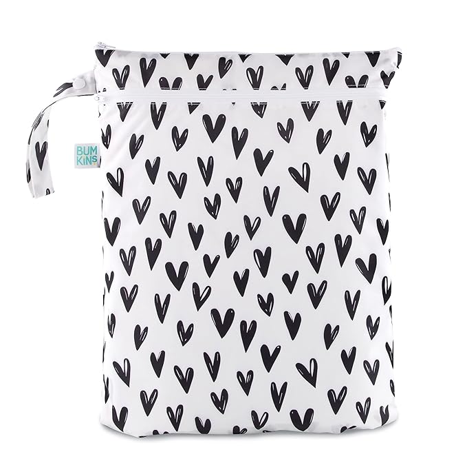 Bumkins Waterproof Wet Dry Bag for Baby, Travel, Swim Suit, Cloth Diapers, Pump Parts, Pool, Beach, Gym Clothes, Toiletry, Hook to Stroller, Daycare, Zipper Reusable Wetdry Packing Pouch, Black Hearts