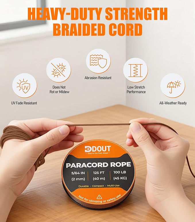 DDOUT 2mm Paracord 100lb, Thin Micro Paracord Rope, Tan 125FT Nylon Cord for Crafting, DIY Projects, Fishing, Camping & Outdoor
