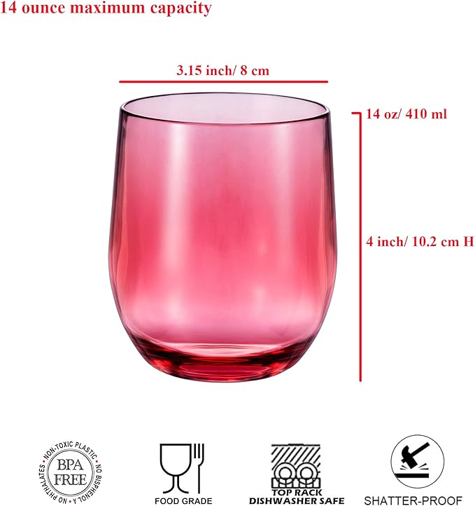 14-ounce Plastic Stemless Wine Glasses, All Purpose Arcylic Glasses, set of 6 Multicolor Reusable Shatter-resistant Dishwasher Safe
