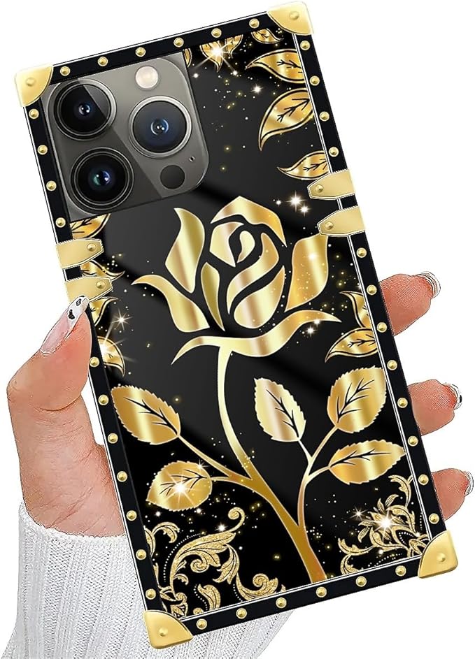 Compatible with iPhone 15 Pro Case, Shine Gold Rose Luxury Golden Decoration for Girl Women Soft TPU Shockproof Protective Hard PC Back for iPhone 15 Pro