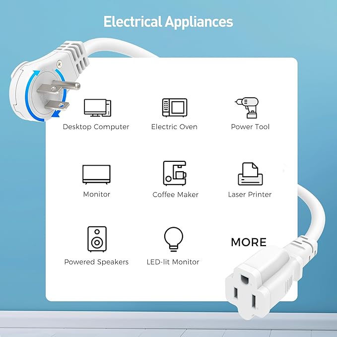 [ETL Listed] Cable Matters 2-Pack 16 AWG 360° Rotating Flat Plug Extension Cord - 6ft, 13A/1625W, Low Profile 3 Prong Power Extension Cords, NEMA 5-15P to NEMA 5-15R, White