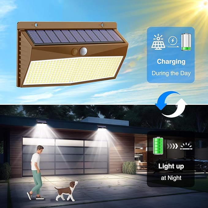 2 Pack 368 LED Solar Lights Outdoor Motion Sensor, Solar Fence Light with 3 Lighting Modes, Solar Powered Security Lights Waterproof for Outside Yard Wall Garden Backyard，Brown