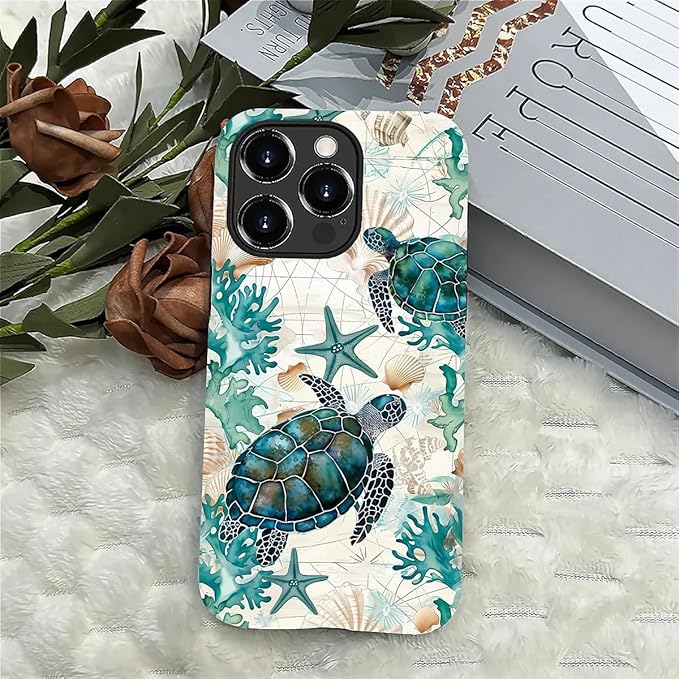 for iPhone 14 Pro Max Case,HH2 Ocean Sea Turtle Nautical Map Hybrid 2 Layer Hard Shell Silicone Protective Pattern Design Case