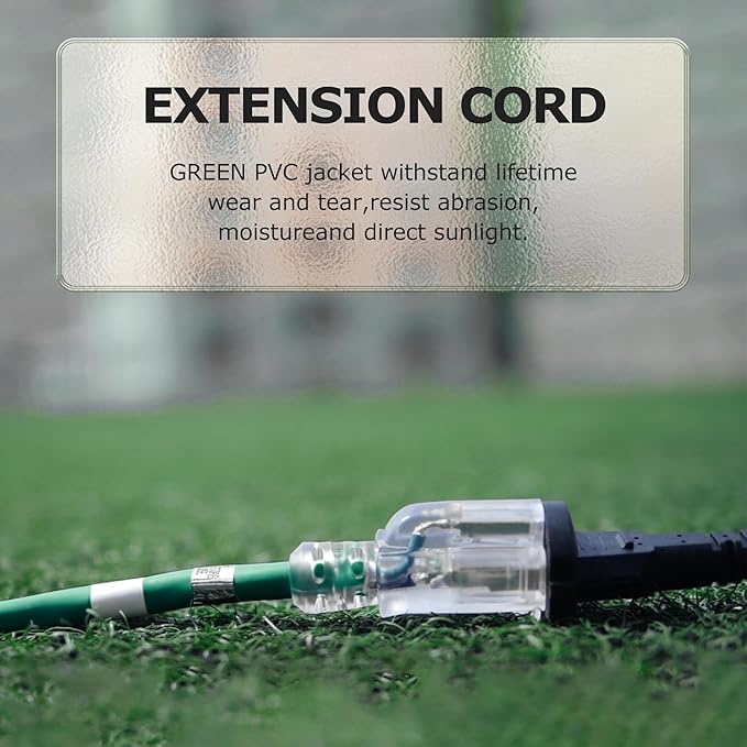 YOJOE Indoor Outdoor Extension Cord with Lighted End, 3 Prong 13A Weatherproof Power Cord, 16 Gauge Heavy Duty 10 ft Green Extension Cord for Garage, Garden and Home, 16/3 SJTW UL Listed