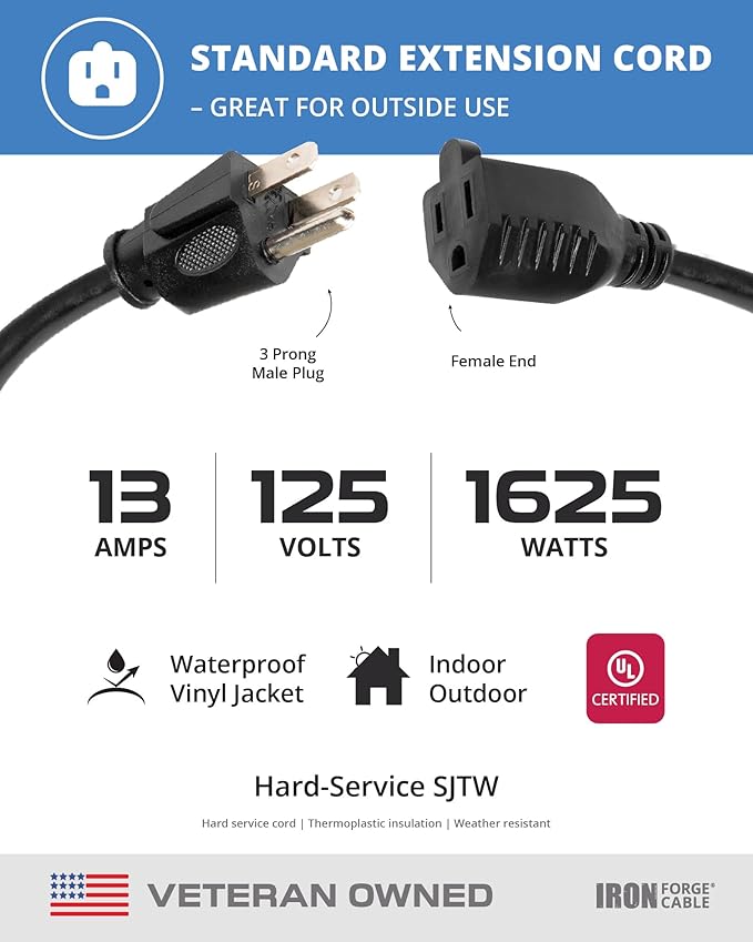 Iron Forge Cable 15 Ft Black Extension Cord, 16/3, 15 Foot Extension Cord, 3 Prong, Weatherproof - Great for Outside Use