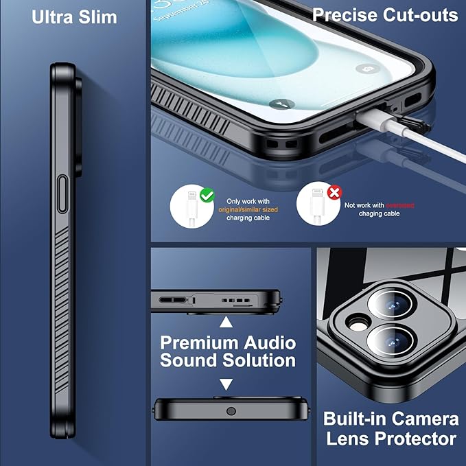 SPIDERCASE for iPhone 15 Case Waterproof, Built-in Lens & Screen Protector, Full Heavy Duty Protection, 12FT Military Shockproof, Dustproof Phone Case,Black