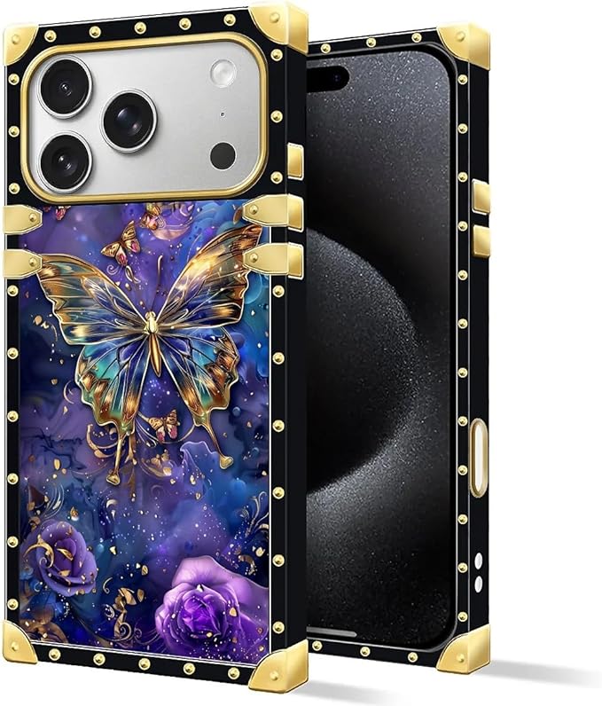 for iPhone 17 Pro Case Luxury Golden Decoration for Girl Women Soft TPU Shockproof Protective Hard PC Back for iPhone 17 Pro Crazy Pattern Glistening Golden Butterfly Vibrant Purple Blue