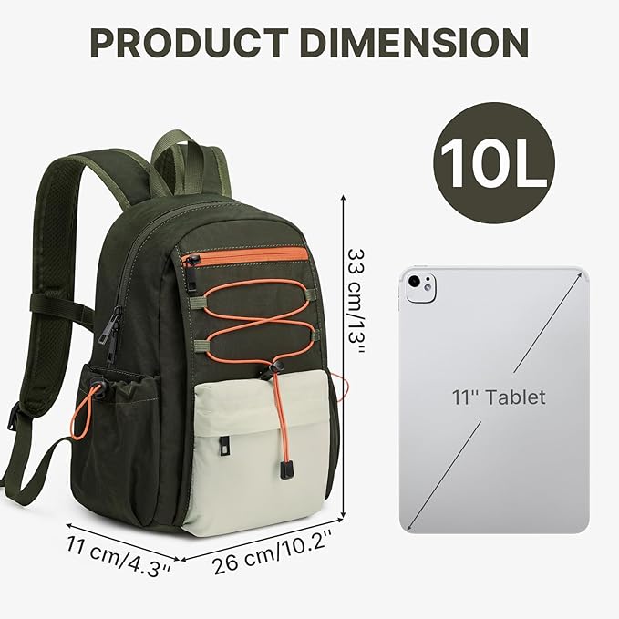 G4Free 10L Small Backpack for Women Men Lightweight Mini Travel Backpacks Hiking Casual Daypack, Dark Green & Beige