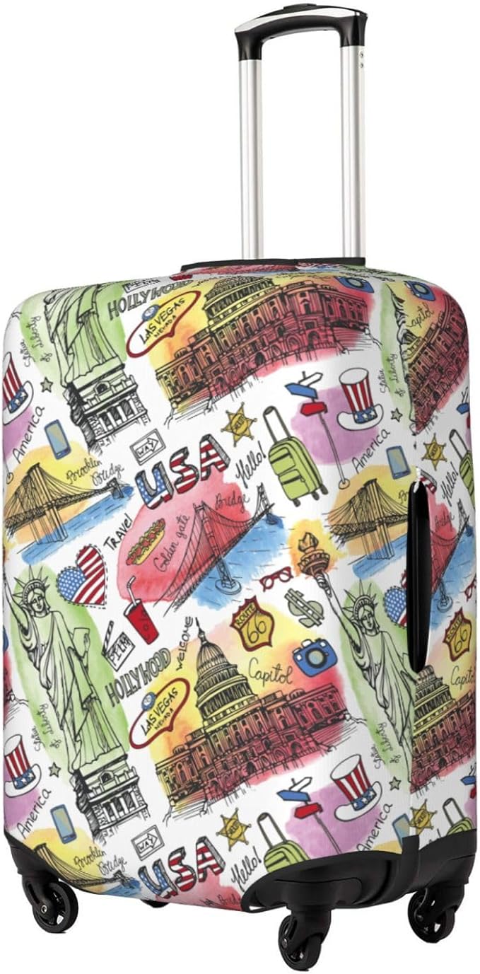 USA Landmarks Print Elastic Luggage Cover, Suitcase Protector For Travel (Fits 22-24 Inch Luggage)