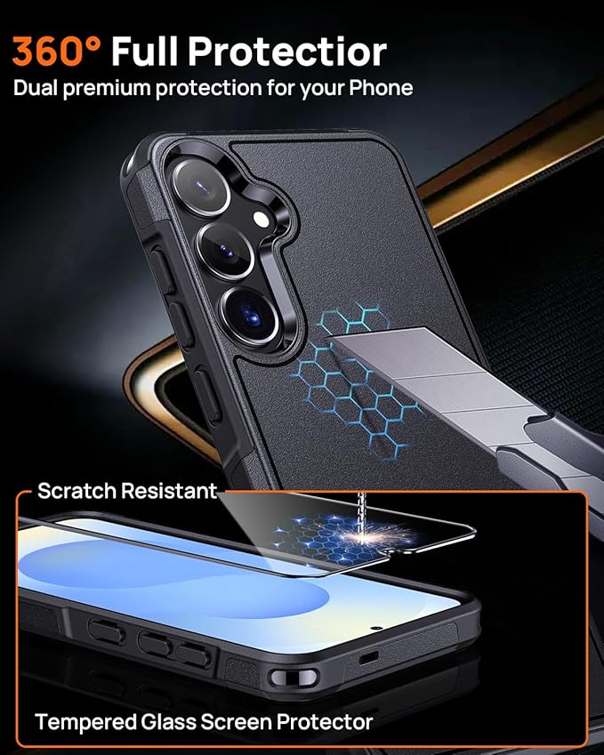 Lanhiem for Samsung Galaxy S25 S24 Phone Case with Tempered Glass Screen Protector, Shock Absorption, Anti-Scratch Shockproof Case Cover for Samsung S25 S24, Black