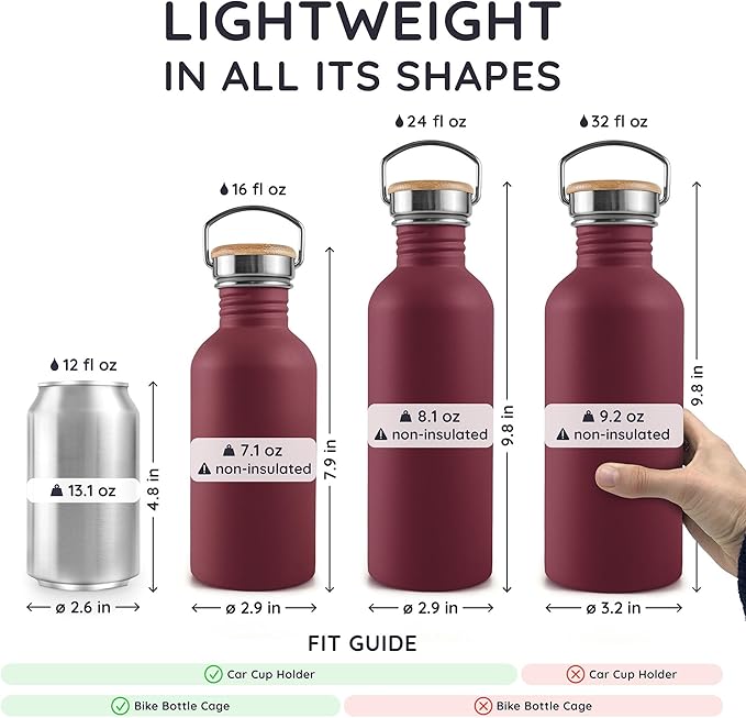 Bambaw 750 ml Metal Water Bottle, Red Sports Bottle, Non-Insulated Stainless Steel Bottle 750 ml, BPA-Free and Reusable – Cherry Red