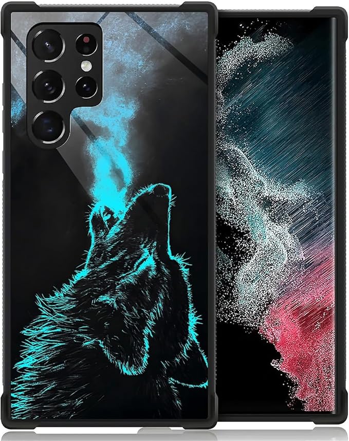 for Samsung Galaxy S22 Ultra Case, Blue Breathing Wolf Pattern Graphic Design Girl Boy Soft Silicone Hard Acrylic Shock Protection for Samsung Galaxy S22 Ultra