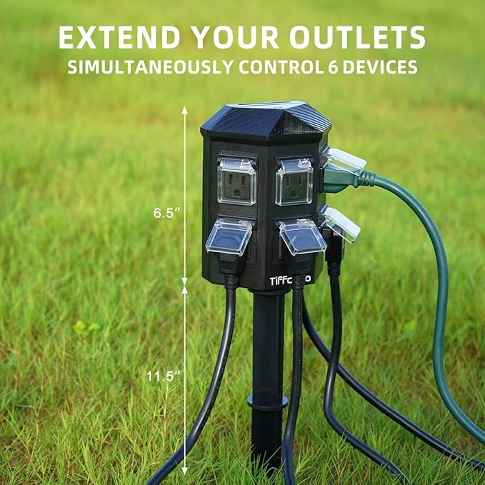 TiFFCOFiO Outdoor Power Strip with Stake Waterproof, 60 FT Extension Cord, 6 Grounded Outlets for Outdoor Lights, 14 AWG, 15A/1875W, ETL Listed