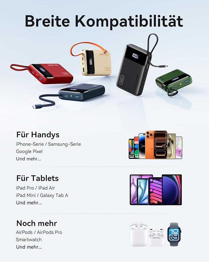 INIU 20000mAh Power Bank, Small Portable Charger, 45W PD Fast Charging Battery Pack with Build in USB-C Cable, Travel Phone Charger for iPhone 17 16 15 14 Air Samsung S25 S24 Google iPad Xiaomi, White