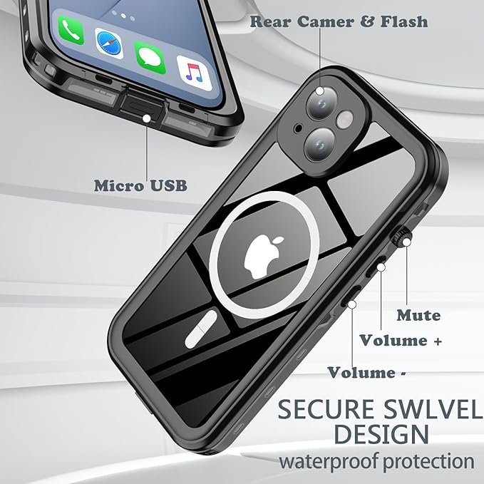 for iPhone 14 Plus Case Waterproof, [Shockproof] [Dustproof] [IP68 Waterproof] Full-Body Hard Case Built-in [Lens Screen Protection] for Diving Case (Black, for iPhone 14 Plus 6.7in)