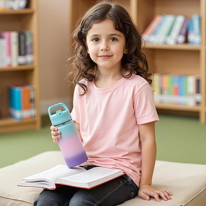Fijinhom 12oz Kids Water Bottle for School, Toddler Bottles with Straws, Stainless Steel Vacuum Insulated Water Bottle for Boys&Girls, Leak-Proof, BPA-Free, Green