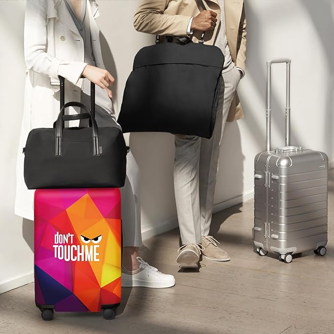 Don't Touch Me Funny Travel Luggage Cover-Neon Geometric Stretchable Airplane Suitcase Protector Sleeve,Universal Washable Fit for 20-26 Inch Checked Baggage,Water Resistant Durable Luggage Protector