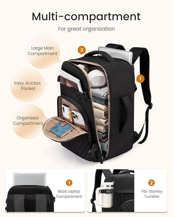 LOVEVOOK 50L Travel Backpack for Women Men, TSA Personal Item Travel Bag Fits 17.3inch Laptop, Waterproof Airline Approved Carry On Luggage With 2 Cubes for Weekender Hiking Business, Black