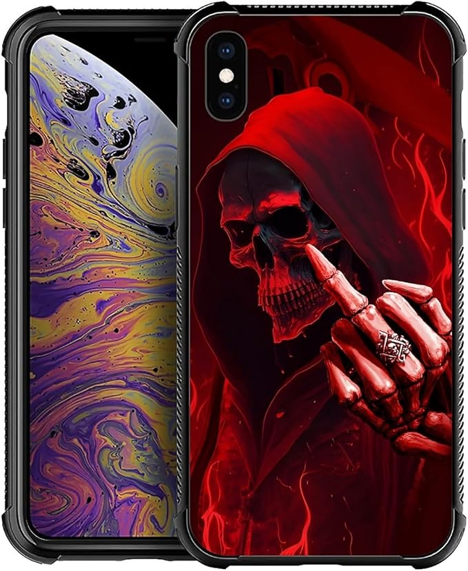 for iPhone X/Xs Case, Gestures Funny Skull Pattern Graphic Design Girl Boy Soft Silicone Hard Acrylic Shock Protection for iPhone X/Xs