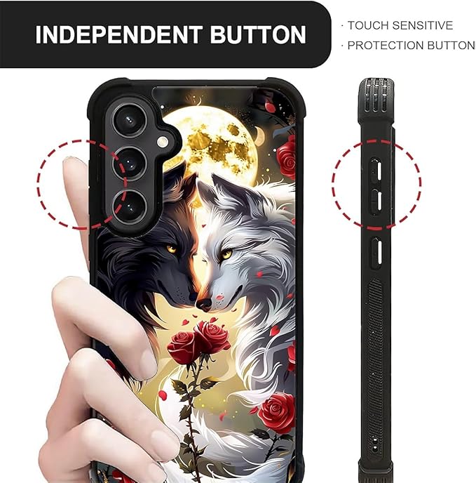 for Samsung Galaxy S23 FE Case, Black White Wolf Moon Flower Rose Pattern Graphic Design Girl Boy Soft Silicone Hard Acrylic Shock Protection for Samsung Galaxy S23 FE