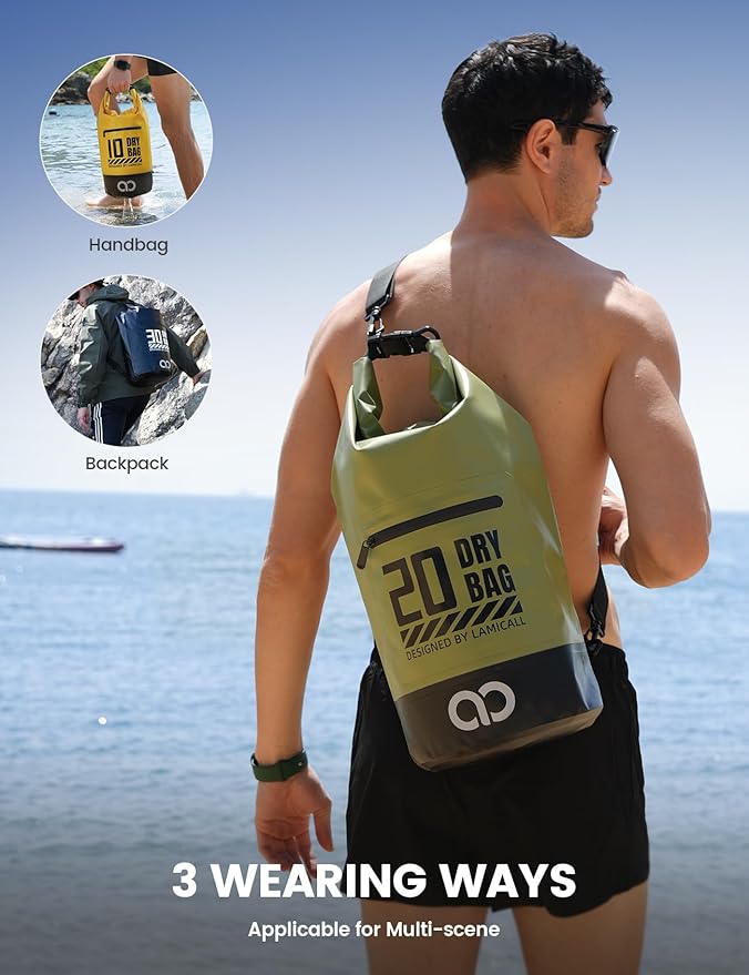 Lamicall Waterproof Dry Bag with Phone Pouch, Floating Roll Top Backpack, 20L, Green