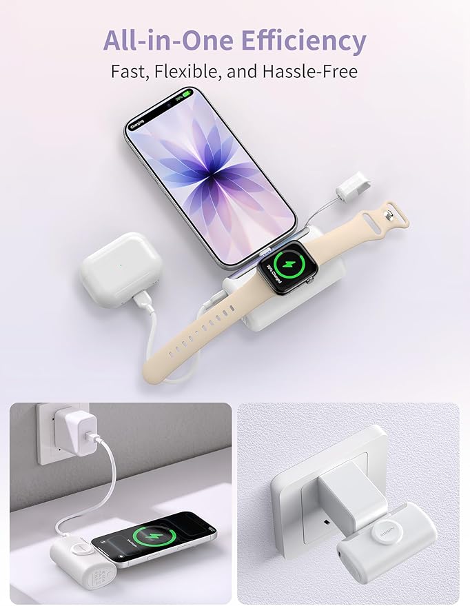 RORRY PalmGo Portable Charger, 10000mAh PD 22.5W Fast Charging Mini Power Bank with Built-in USB C Connector, 3-in-1 Battery Pack for iPhone 17/16/15 Pro/Max, Apple Watch Ultra/11/10/SE, iPad, Purple