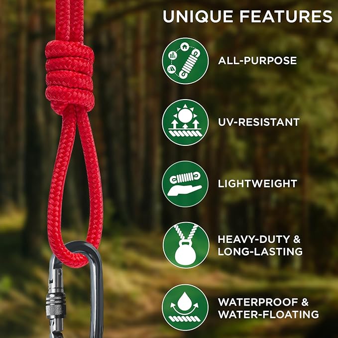TECEUM Rope – 90 Feet x 3/8 Inch (10mm) – Red – Strong All-Purpose Utility Rope – Camping, Crafting, Flag Pole, Indoor & Outdoor – Polypropylene Nylon Poly Lightweight Diamond Braided Cord
