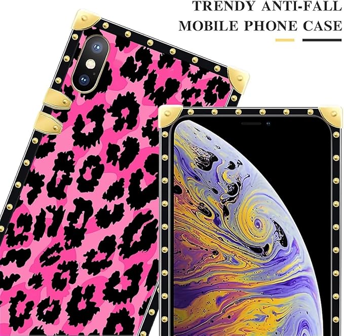 Compatible with iPhone Xs Max Case, Pink Black Leopard Luxury Golden Decoration for Girl Women Soft TPU Shockproof Protective Hard PC Back for iPhone Xs Max
