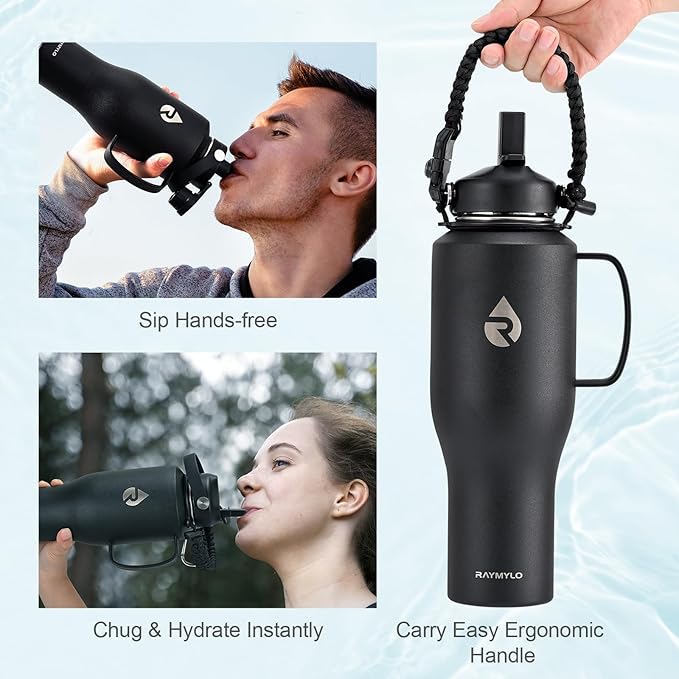 RAYMYLO 32oz Stainless Steel Water Bottle (Cold for 48 Hrs, Hot for 24 Hrs), Triple Wall Vacuum Insulated Water Bottle with Straw Lid, Spout Lid and Paracord Handle, Leakproof, Fit in Any Car Cup