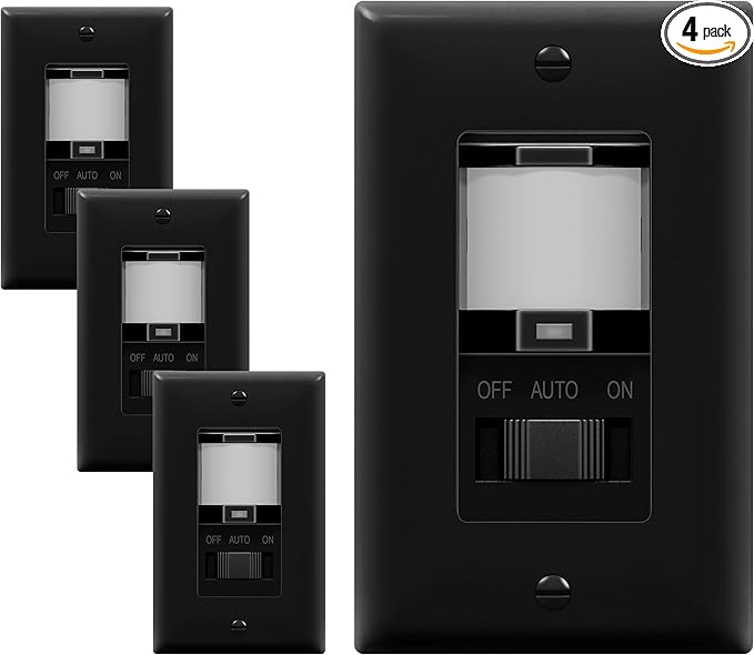 TOPGREENER in Wall PIR Motion Sensor Light Switch, Occupancy Sensor Switch, 𝐍𝐞𝐮𝐭𝐫𝐚𝐥 𝐖𝐢𝐫𝐞 𝐑𝐞𝐪𝐮𝐢𝐫𝐞𝐝, On/Off Override, 𝐒𝐢𝐧𝐠𝐥𝐞 𝐏𝐨𝐥𝐞, 4A, 500W, TSOS5-BKWP,Black,4 Pack
