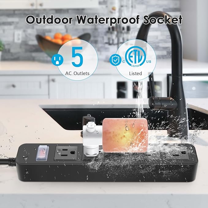Outdoor Power Strip Waterproof with 5 Outlets, Garden Weatherproof Surge Protector, Christmas Multiple Outlet Exterior Socket for Lighting Appliances. 5FT Extension Cord Strip with Flat Plug. Black