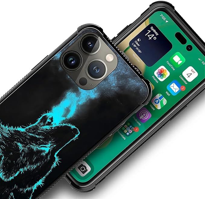 for iPhone 14 Pro Case, Blue Breathing Wolf Pattern Graphic Design Girl Boy Soft Silicone Hard Acrylic Shock Protection for iPhone 14 Pro
